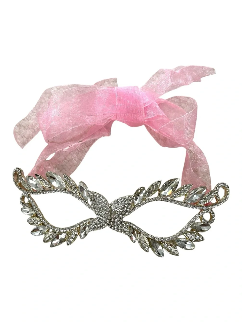 Rhinestone Leaf Masquerade Mask with Pink Ribbon Tie